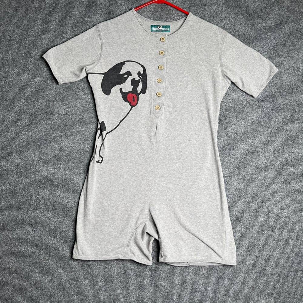 Vintage Big Dogs Gray Henley Romper St Bernard Graphic Loungewear Rare